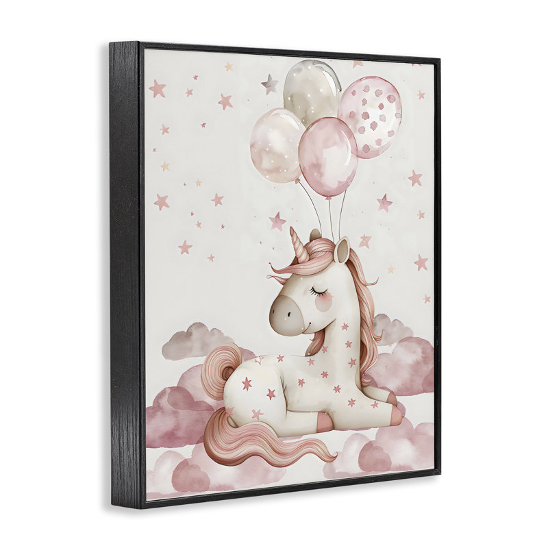 Licorne rose avec des ballons, estampe numérique, design par LSR Design Studio, Giclée encadrée noir minuit