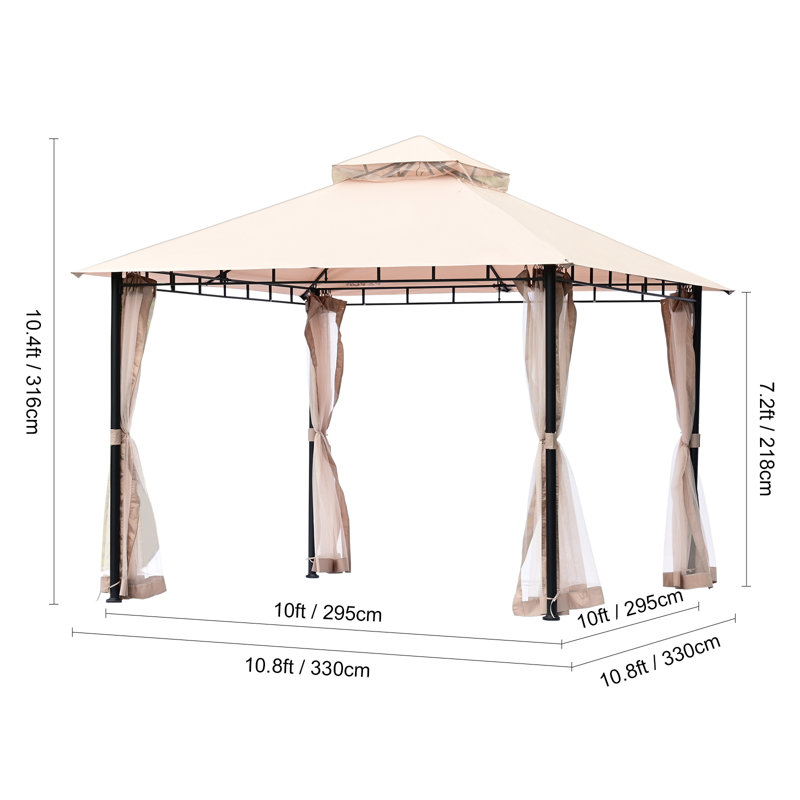 Beige Polyester 10x10 ft Patio Gazebo with Mosquito Net and Metal Frame
