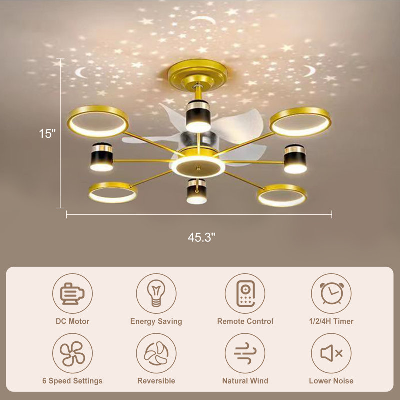 45.3" LED Ceiling Fan with Light and Remote,with Starry Sky, Gold