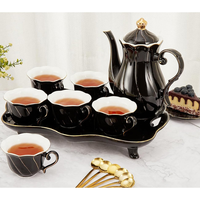 Luxury Black Porcelain Tea Set with Golden Trim, 14 Pieces
