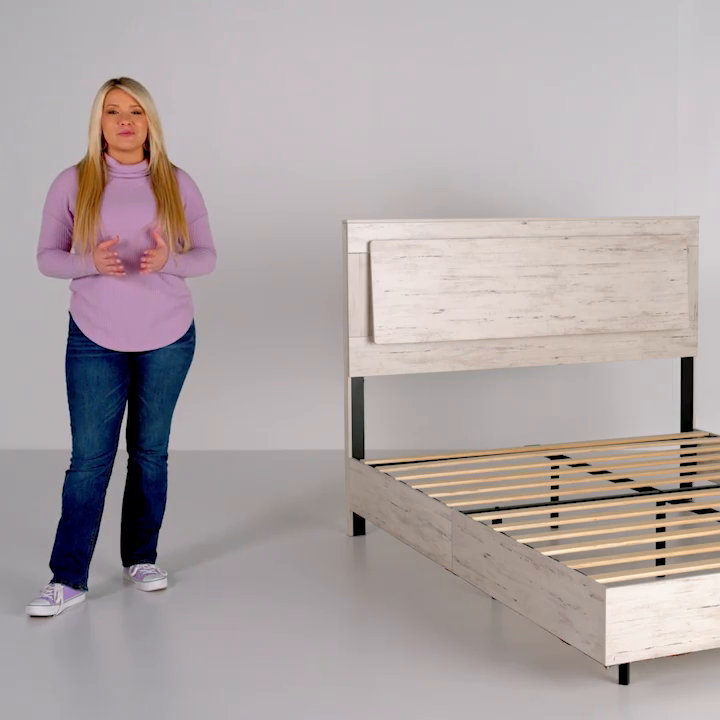 Queen White Distressed Wood Floating Bed with LED Light