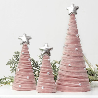  Christmas Decorations Indoor, 3Pcs Pink Velvet Cone Christmas Trees with Pearls Christmas Decor, Christmas Table Decor for Xmas New Year Winter Holiday Home Décor