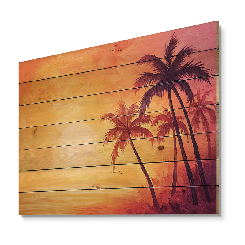 «Sunset Oasis Palm Trees II», impression sur bois jaune traditionnel sur bois de pin naturel, H 30 po x l 40 po
