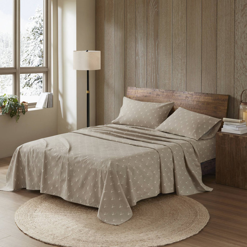 4 Pieces Cotton Flannel Printed Sheet Set, King Sheet Set with 2 Pillowcases
