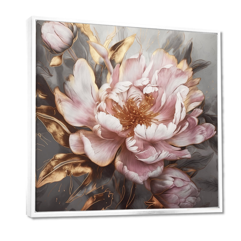 Pink Gold Peonies Petals, 36" H x 36" W, Floater Framed, White