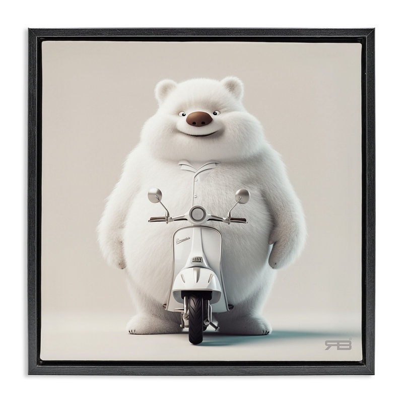 «Funny Bear with Scooter», toile encadrée flottante grise par RB, Cadre flottant noir de jais, H 25 po x l 25 po
