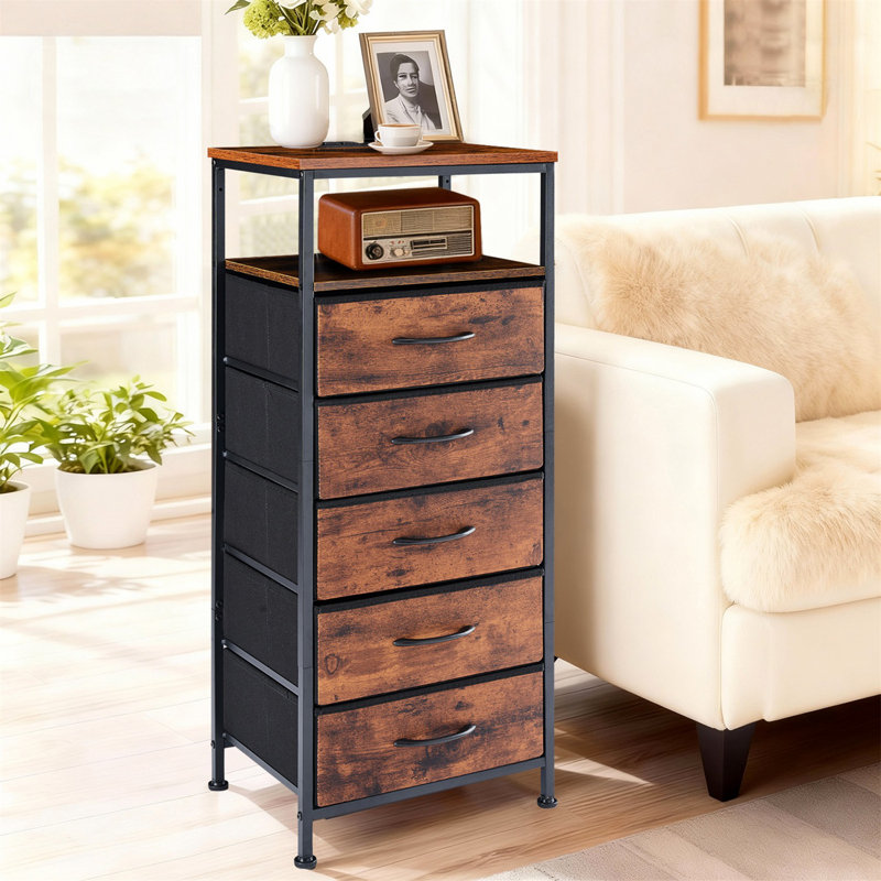 Table de chevet avec station de charge, table de chevet haute avec ports et prises USB, 5 tiroirs de rangement en tissu, petite table de chevet
