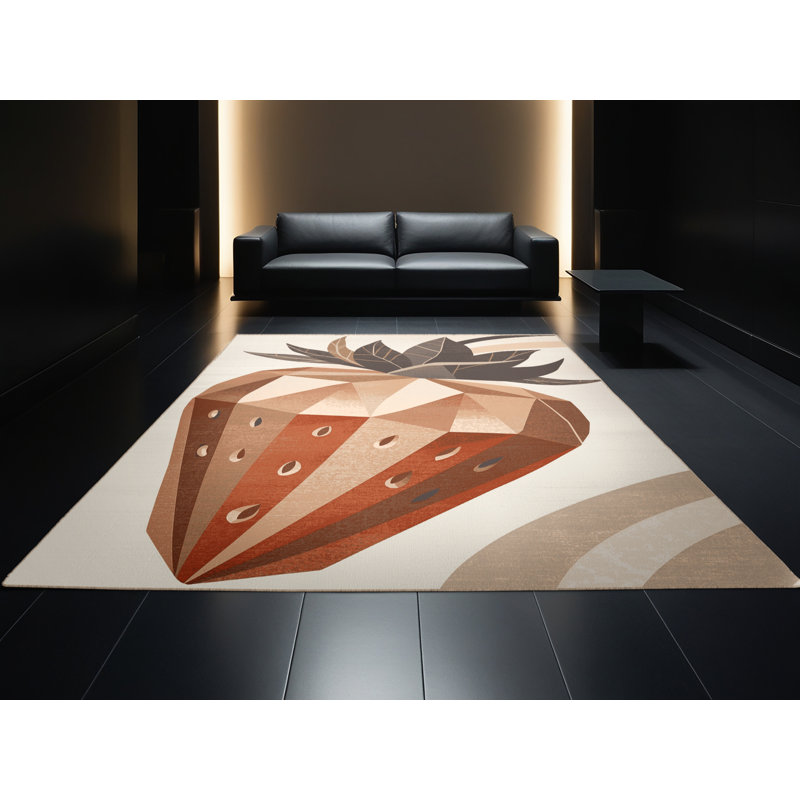 Tapis beige lavable à la machine à motif de fraise moderne Tomohon, 7 x 10