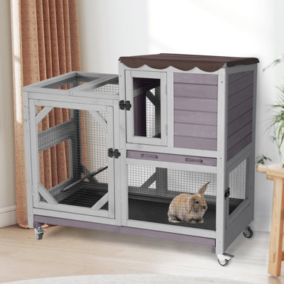 Rabbit Cage Indoor Outdoor Bunny Hutch On Wheels, 2 Story Wood Guinea Pig Cages With 2 Deeper Pull Out Trays