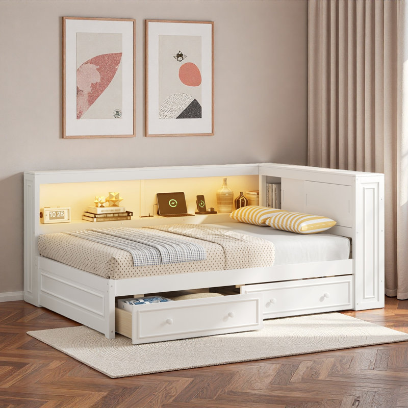 Lit de jour multiple avec tablettes de rangement, USB, DEL et 2 tiroirs, Blanc