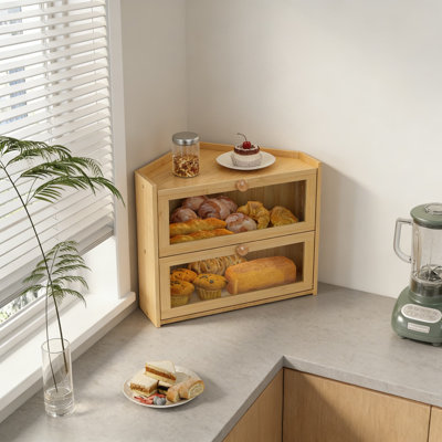 Corner Bread Box For Kitchen Countertop With Window, Large Bamboo Bread Storage Container With Magnetic Latch, Farmhouse Style Bread Holder For Bread, Baked Goods & Kitchen Utensils