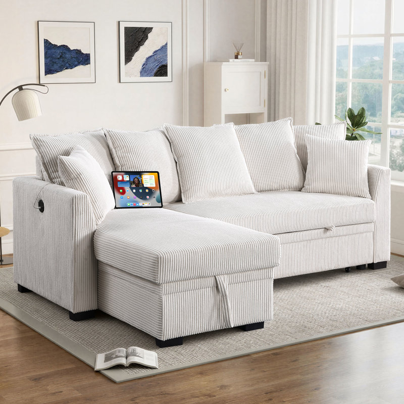83" Convertible Sectional Sofa Bed Reversible Corduroy Pull Out Sleeper Couch With USB Charging & Storage Chaise & Pillows