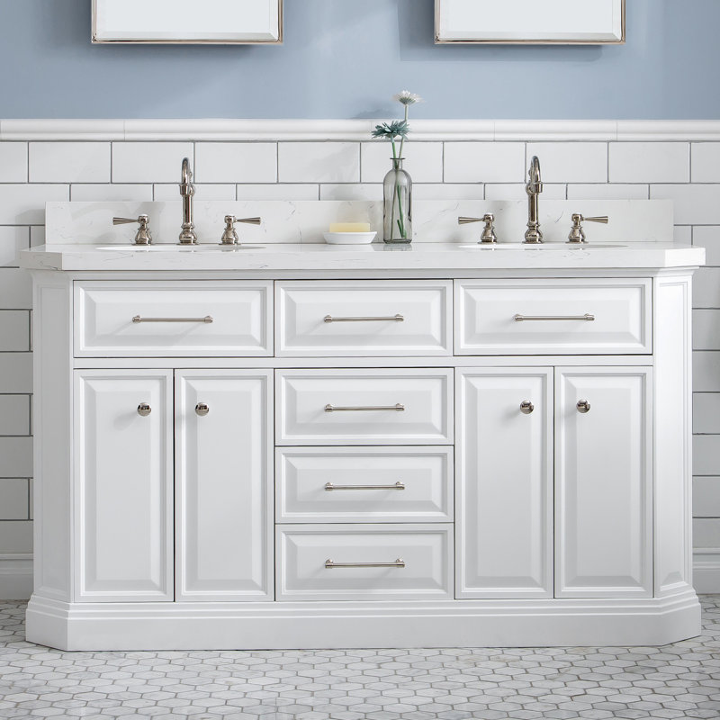 60" Palace Collection Quartz Carrara Cashmere Grey Bathroom Vanity Set With Hardware And F2-0012 Faucets in Chrome Finish