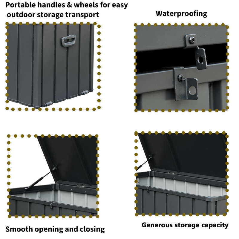 Harmony 120 Gallons Waterproof Outdoor Steel Deck Box, Patio Deck Storage Box with Wheels, Gray