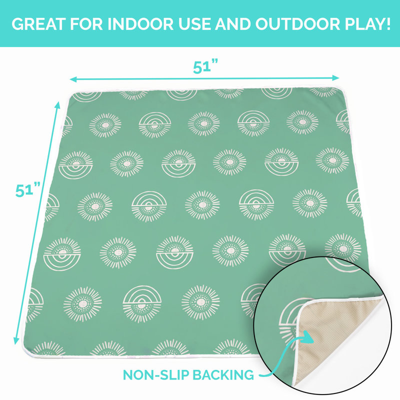 JumpOff Jo - Tapis pour bébé sous une chaise haute, - Tapis de sol pour bébé lavable et imperméable pour table de jeu et de salle à manger de style artisanat, tissu réutilisable 51 po x 51 po - Rainbow Sun