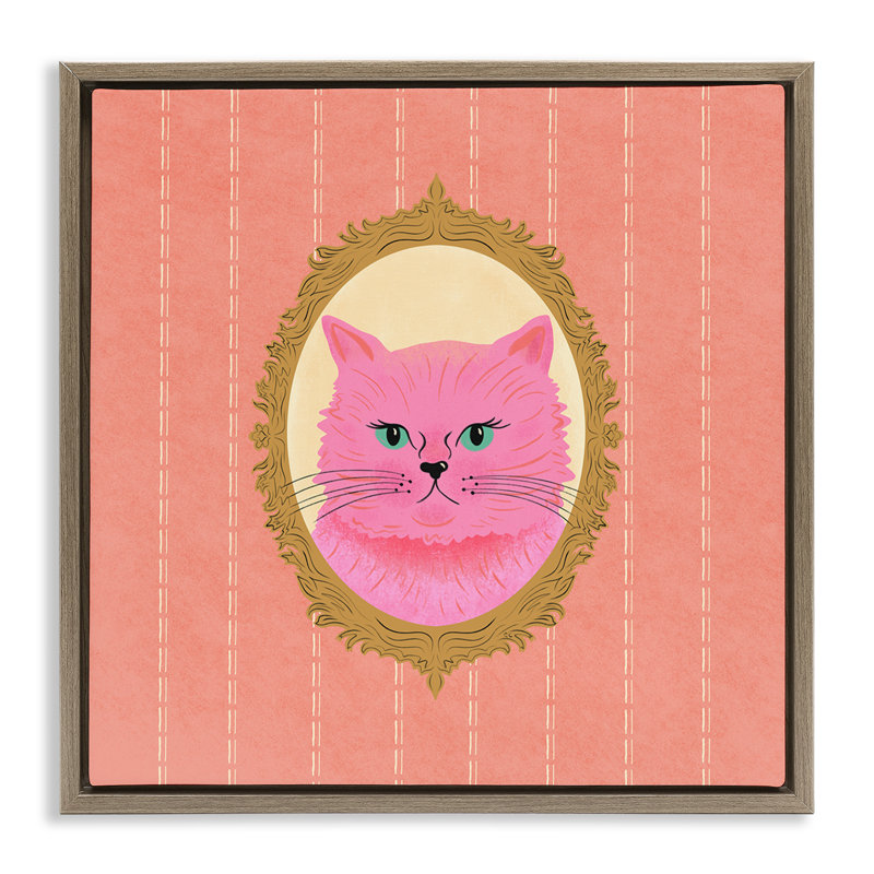 «Pink Cat Portrait» par Carrie Cantwell, H 25 po x l 25 po, Cadre flottant orme Montalcino