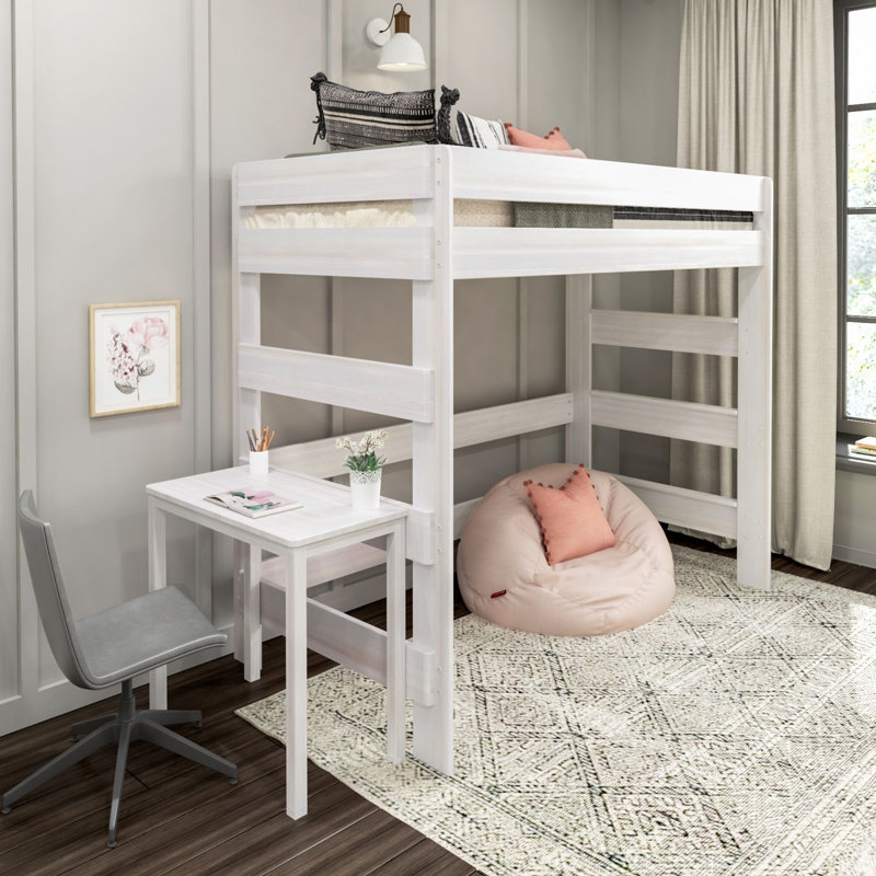 Lit mezzanine simple en bois massif avec bureau Doyle, Blanc délavé