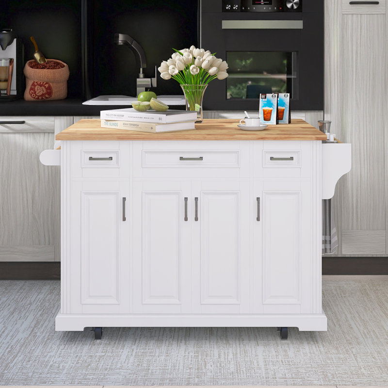 54" Rubber Wood Drop-Leaf Countertop Kitchen Cart With Spice Rack & Towel Rack, White