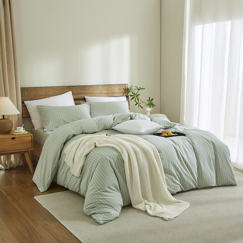 LIFETOWN Striped Duvet Cover Set 100% Washed Cotton Linen Like Bedding Set, Sage Green/White