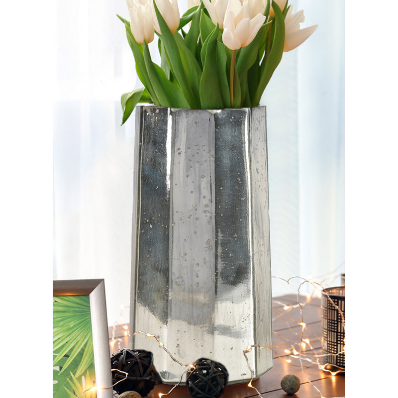 Everly Quinn Marquis Mercury Glass Vase – Floral Arrangements, Table Centerpiece, Home, Office, Wedding, Holiday & Special Events Decor, 6.9" Diameter And 12" Tall, Pack Of 4
