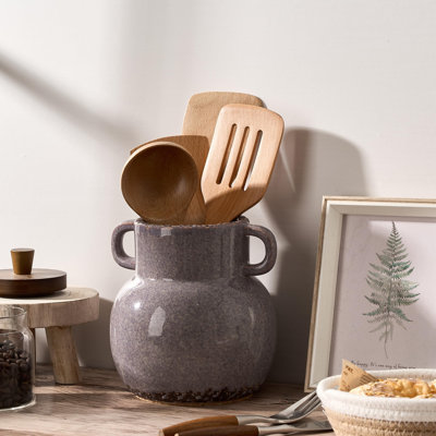 Kitchen Utensil Holder with Handle, 6.85" Ceramic Farmhouse Stable Utensil Crock for Countertop, Utensil Organizer with Cork Bottom,Purple