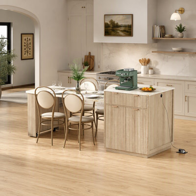 Fluted Kitchen Island with Extendable Dining Table for 4-6, Power Outlet, Storage