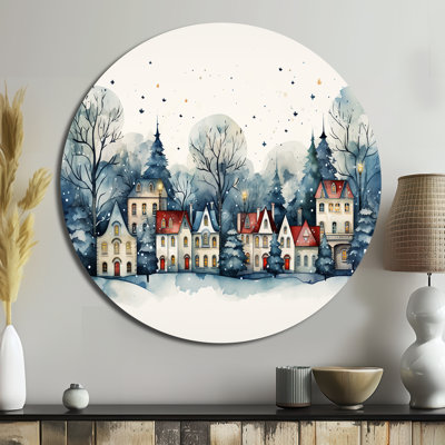 Christmas Village In Winter I - Landscapes Round Metal Art