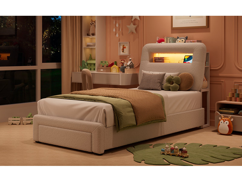 Upholstered Bed Frame, Storage Bed With Led And Charging Station, Twin