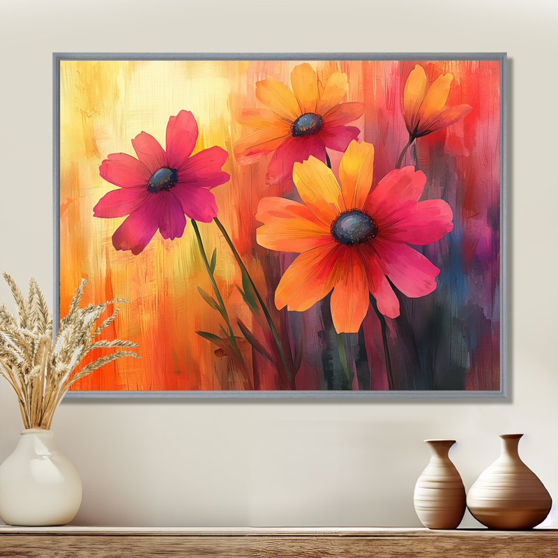Jacquetta orange dansant parmi les fleurs sauvages I - décoration murale fleurs sauvages, Argent argent, H 34 po x l 44 po