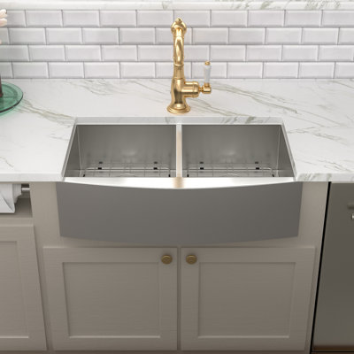 36'' L x 20'' W 50/50 Double Bowl Stainless Steel Farmhouse Kitchen Sink with Bottom Grid, Basket Strainer and Roll-up Rack