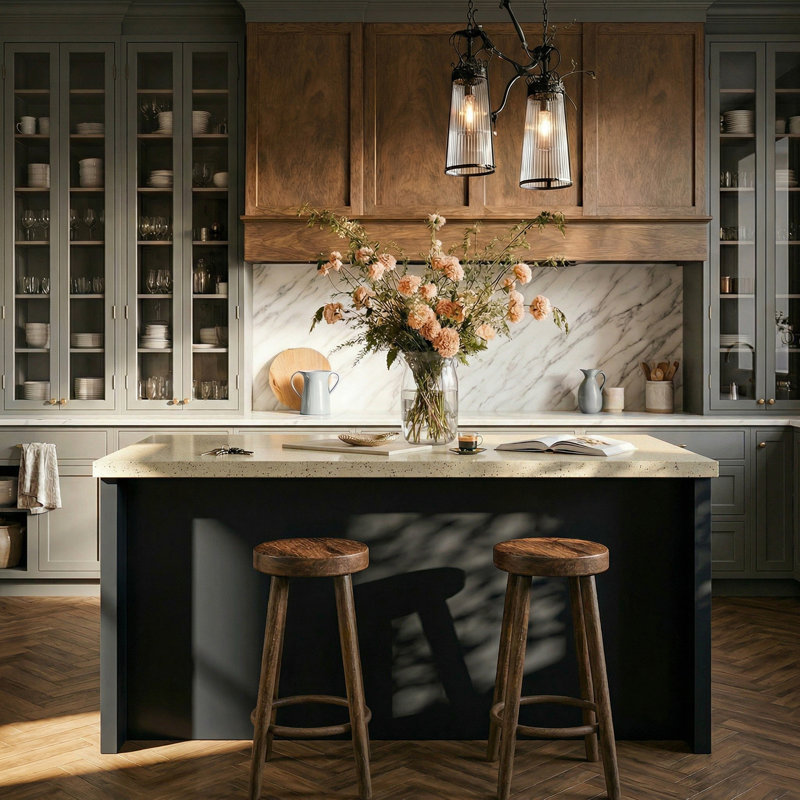 Modern 61"W Kitchen Island With Adjustable Shelves, Black/Natural