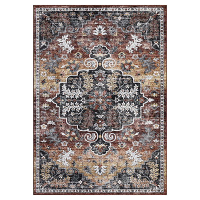 5 x 7 ft Polyester  Imitation Brown Red Rectangular Area Rug Flower Printed Persian Foldable Washable for Hallway Bathroom Entryway Kitchen Office