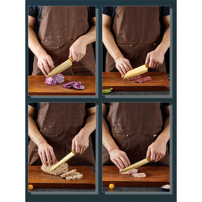 MARLIN MANUFACTURING COMPANY, INCORPORATED Knife Set, 16 Pieces High Carbon Stainless Steel Golden Color Kitchen Knife Set, Titanium Coating Blade, No Rust And Super Sharp Cutlery Knife Set With Acrylic Stand And Kitchen Scissors, Gift