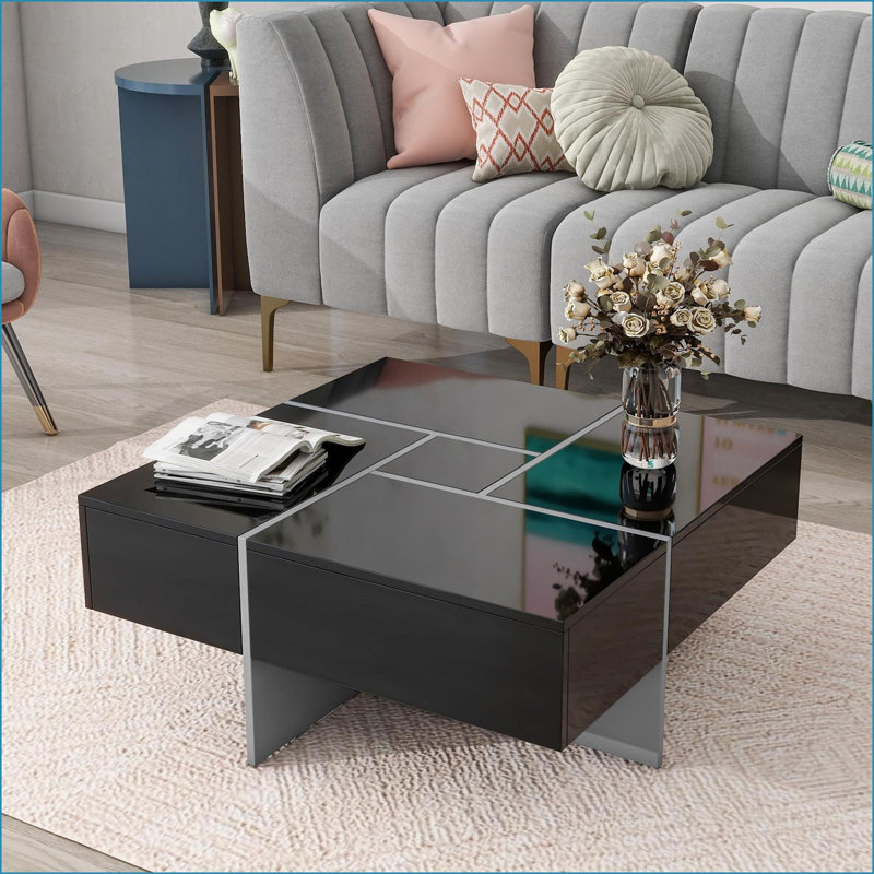 Table basse extensible à 4 voies avec 4 compartiments cachés, table de salon moderne peu encombrante, Noir