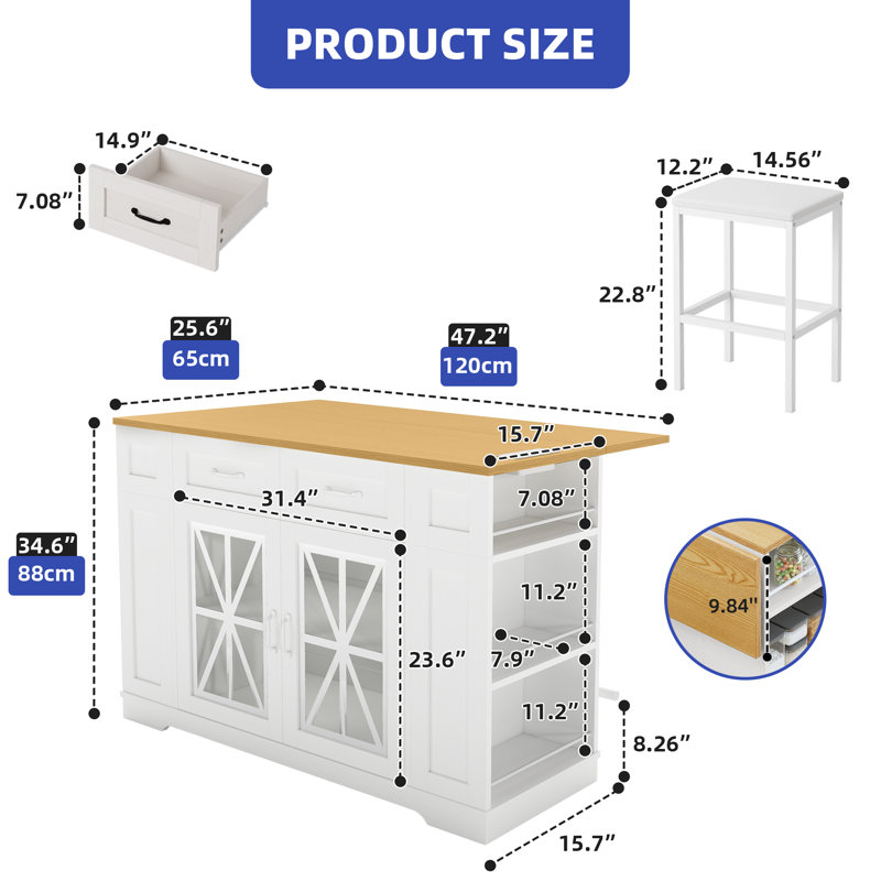47" Large Portable Kitchen Island Dining Bar Kitchen Table with Drop Leaf and 2 Stools, White/Oak Wood