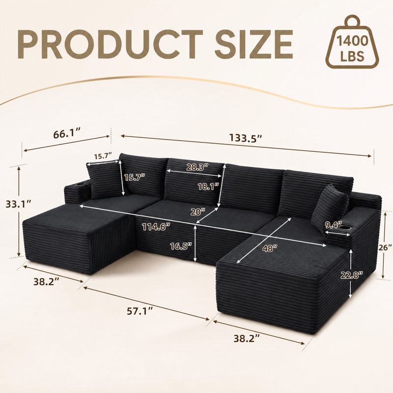 134 Inch Modular Sectional Sofa, U Shaped Cloud Couch with Deep Seat Chaise, Oversized Corduroy Upholstered Couch, Modern Comfortable Boneless Couch for Living Room Bedroom, No Assembly Required, Black
