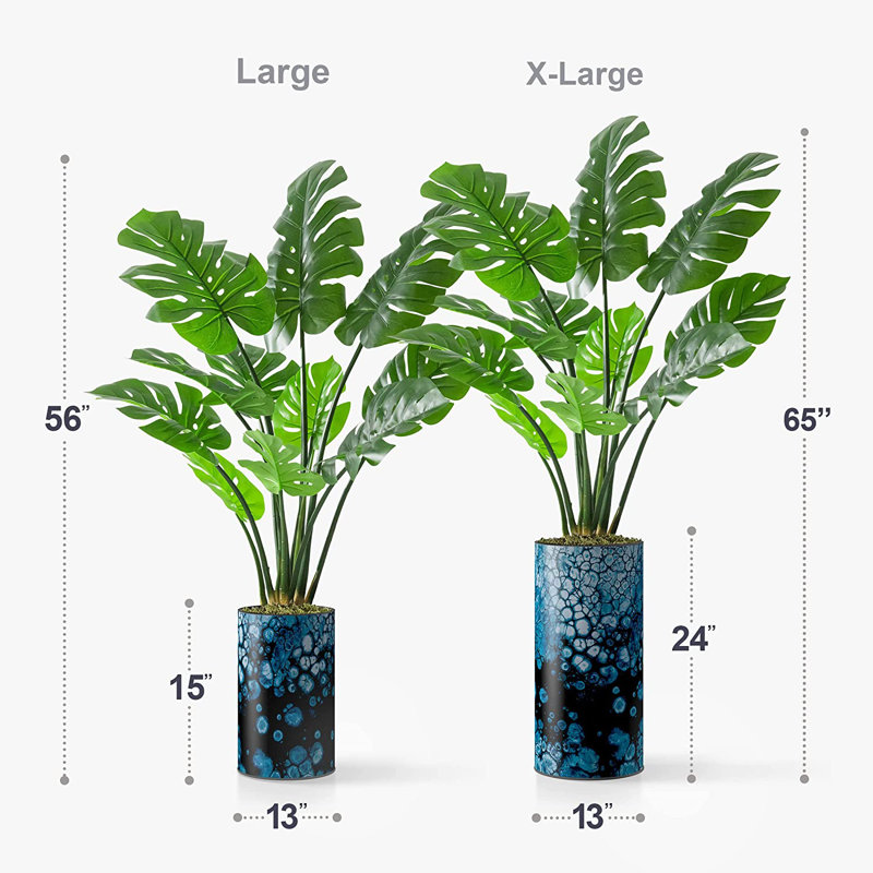 Arbre artificiel signleader avec vase effet lézard bleu et blanc délavé, faux arbre à plantes Monstera pour le salon, la chambre à coucher, le bureau - 4,67 pieds (56 po)