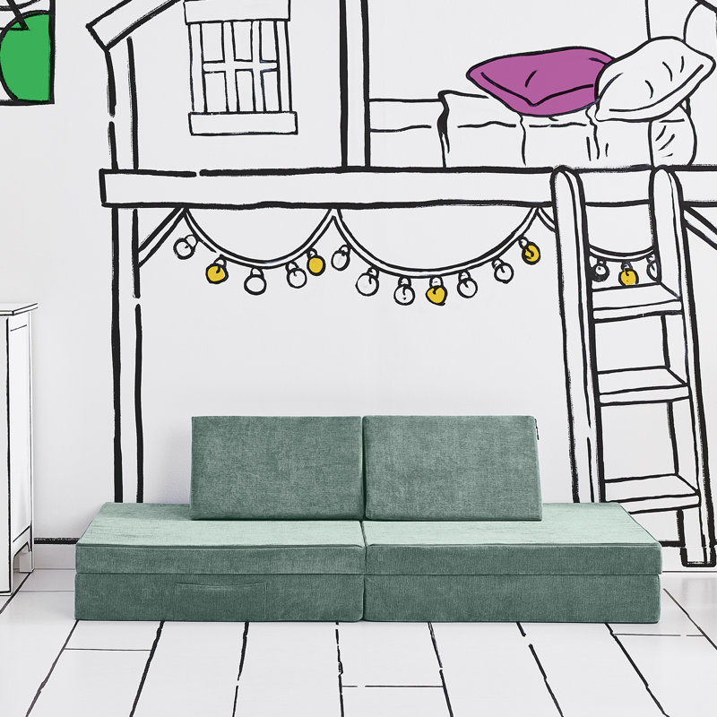 Yourigami Kids and Toddler Play Couch, Convertible Folding Sofa, Durable Foam Modular Design, Green