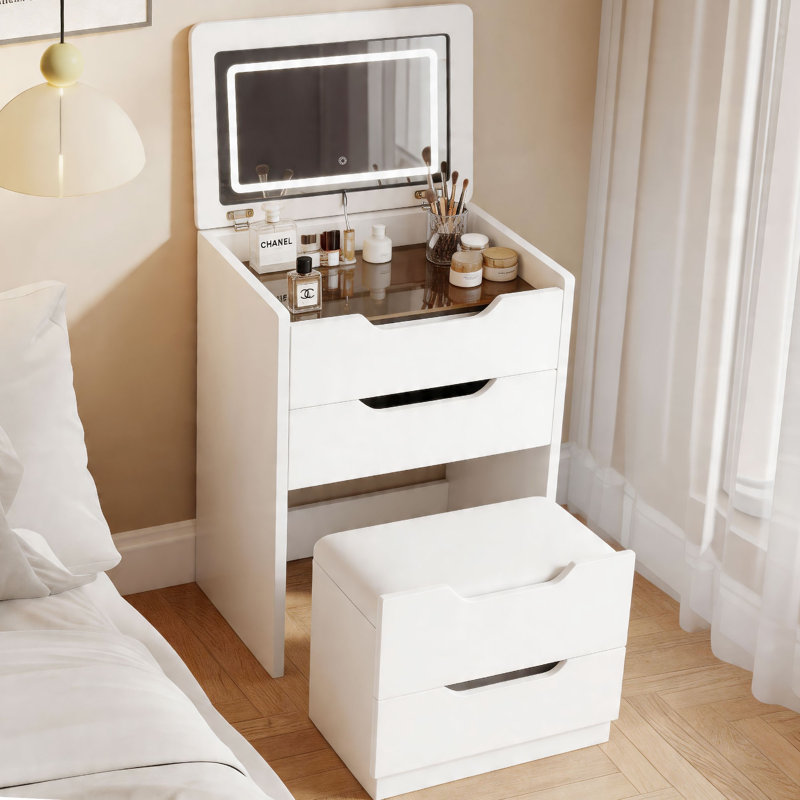 Ensemble de coiffeuse avec miroir lumineux et tabouret de rangement blanc