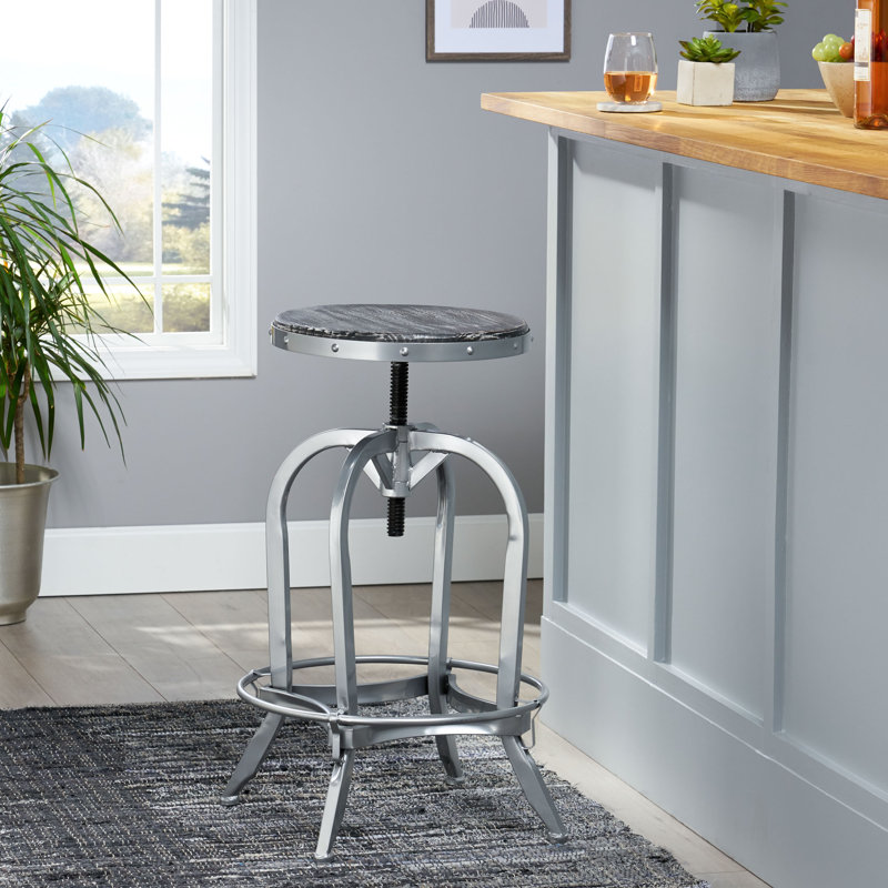 Adjustable Height Counter Stool with Metal Frame, Gray Brass/Distressed Brushed Gray, 1