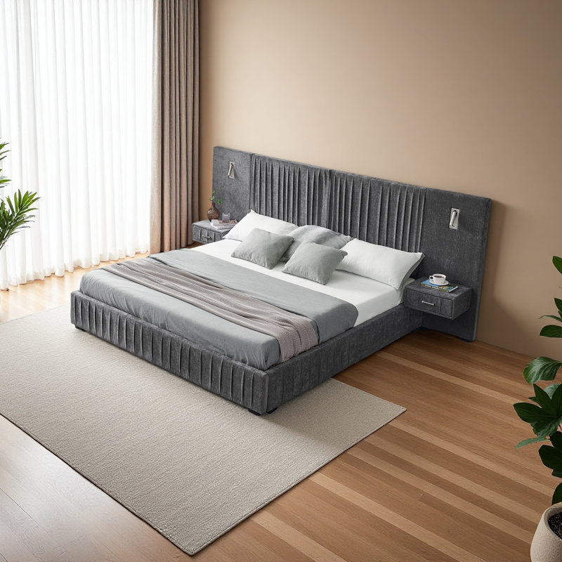 Structure de lit tapissier avec tissu en chenille à motif plissé, lit plateforme avec tête de lit et structure solide et table de chevet. Pas besoin de sommier tapissier