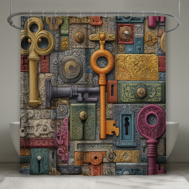 Rideau de douche Keys - objets décoratifs de salle de bain rétro, 70in W x 93in H