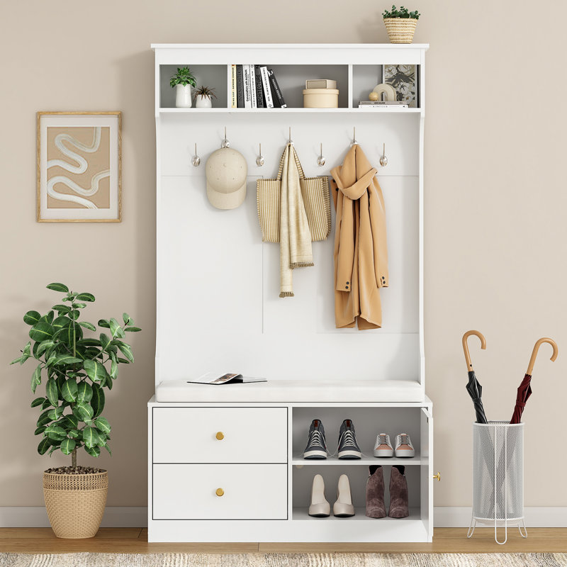 Hall Tree 40.1" Wide with Storage Bench, White