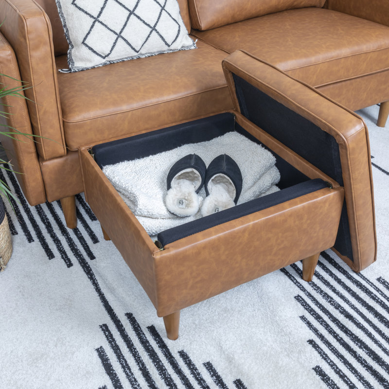 Atley 23.75" Wide Vegan Leather Square Storage Ottoman, Brown Faux Leather