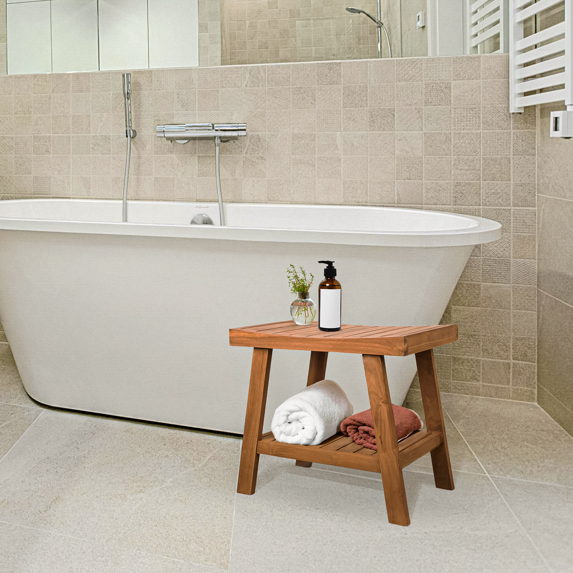Millwood Pines Novotny 21'' W Teak Shower Bench & Reviews | Wayfair