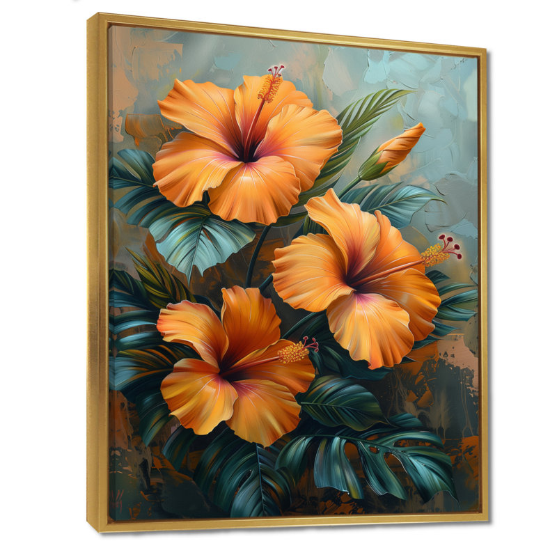 Décoration murale orange, vert et vibrant - Hibiscus, H 24 po x l 32 po, Cadre flottant doré