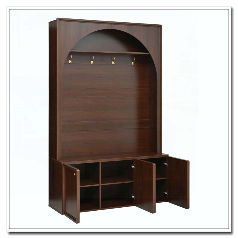 Arbre d'entrée tout-en-un avec tablettes réglables, banc de rangement pour hall d'entrée arqué rétro avec 3 armoires, Noyer