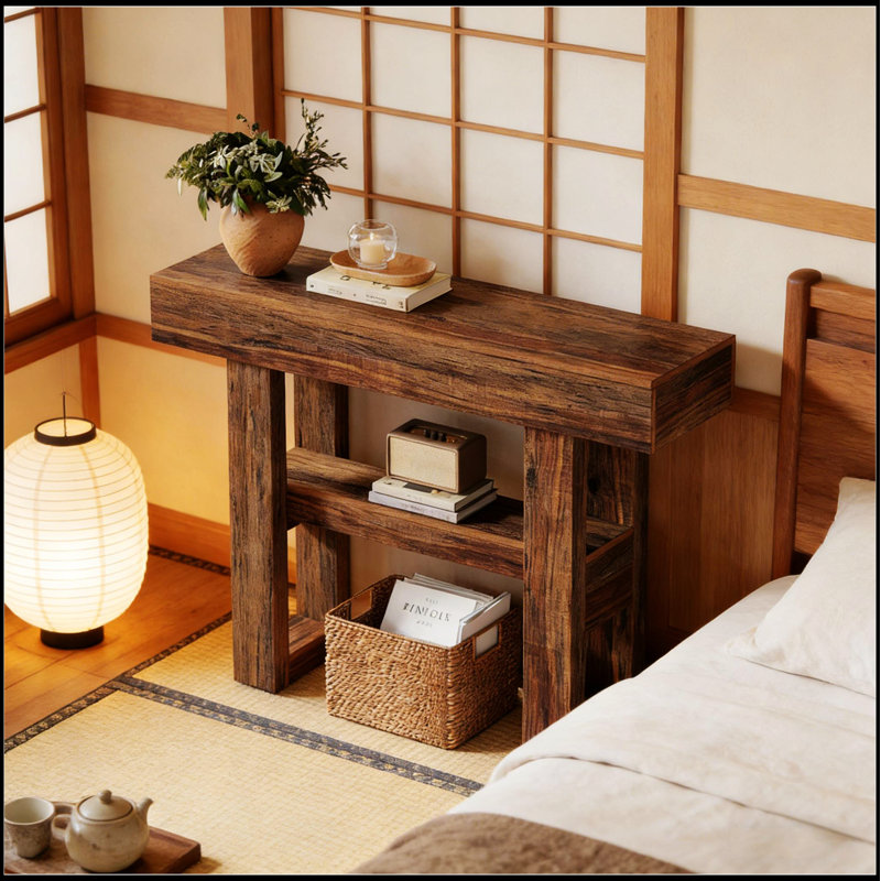 Table de canapé étroite avec rangement spacieux, parfaite pour les entrées et les couloirs, alliant charme rustique et design pratique.