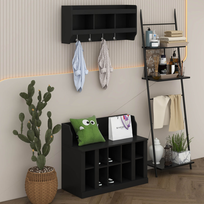Arbre d'entrée avec banc, banc de rangement pour chaussures avec portemanteau mural, rangement pour hall d'entrée avec tablettes et 4 crochets