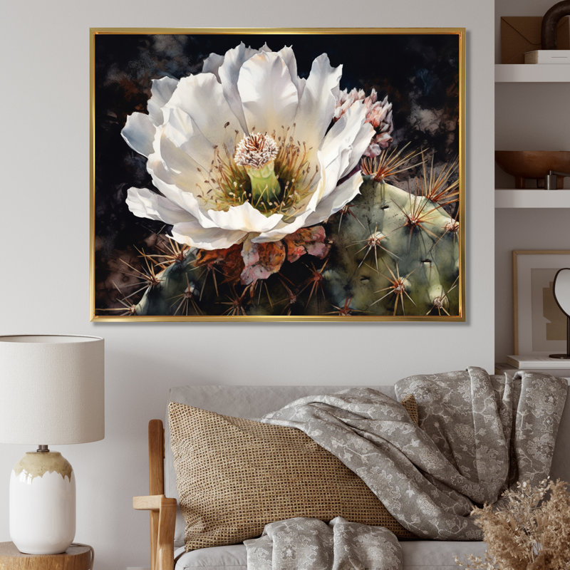 «Rozbeh White Green Cactus Flower II», reproduction sur toile, H 34 po x l 44 po x P 1,5 po, Cadre flottant doré